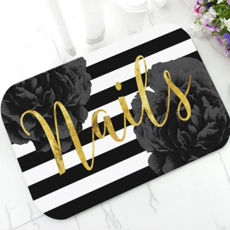 

Stylish Gold Nail Salon Makeup Doormat Elegant Gitter Nails Beauty Salon Welcome Door Mat Black White Striped Floral Rug Carpet