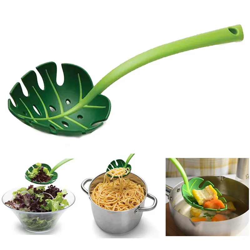 

Green Monstera Leaf Colander Multifunctional Long-Handled Spaghetti Slotted Serving Spoon Salad Spoon for Home Kitchen