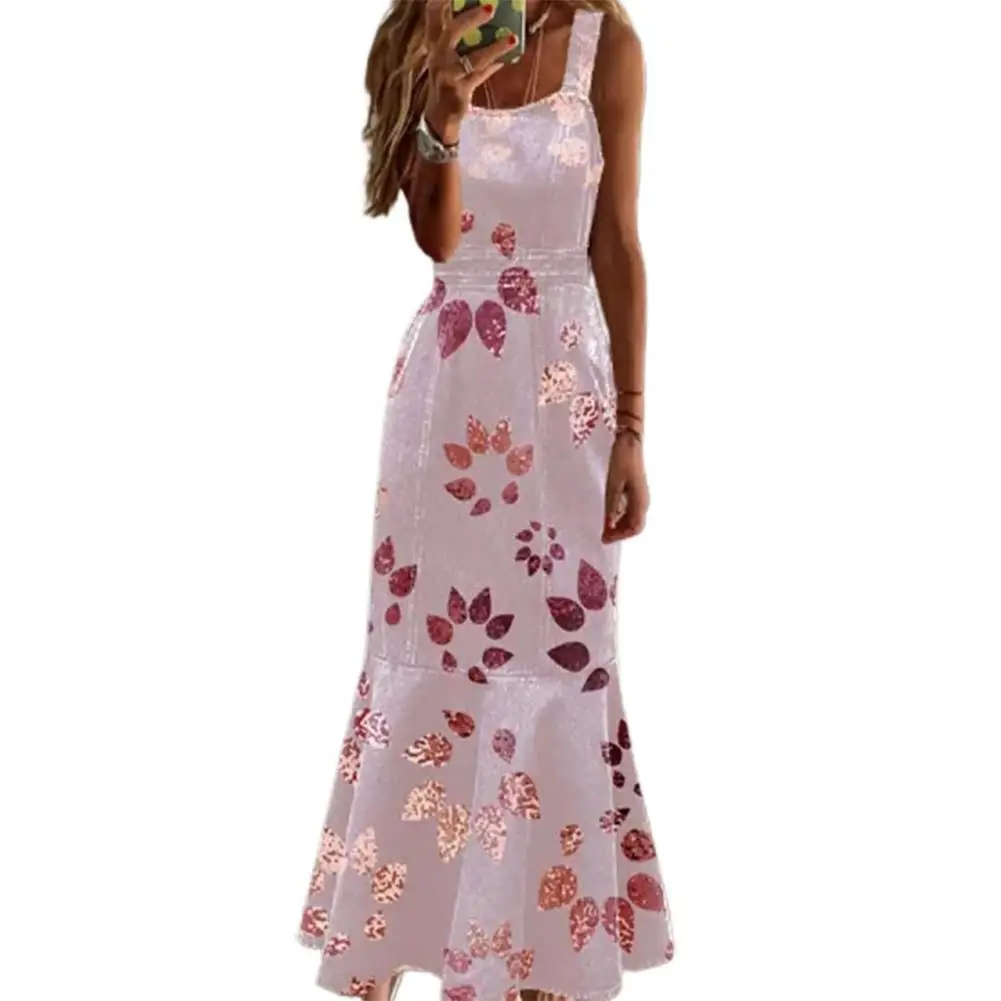 

Summer Dress Sleeveless Maxi Dress Colorful Butterflies Print Sling Denim Dress