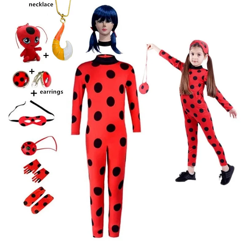 

2022 New Easter Marinette Cosplay Jumpsuit Earrings Cat Noir Children Costumes For Kids Suits Wig Christmas Fancy Girls Costume