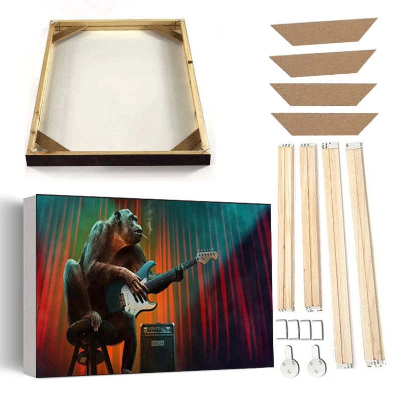 

Play Guitar Music Chimpanzee Wall Art Canvas Painting with Frame Abstract Art Living Room Poster Prints Nordic Animal Picture