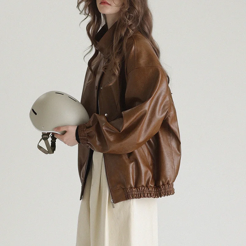 Lady Fashion Leather Jacket 2023 New Oil Wax Cowhide Leather Coat Women Stand Collar Streetwear Sheep Leather TF5281