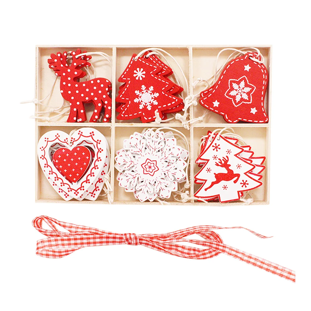 

24pcs Wooden Christmas Tree Pendant Red Mini Christmas Tree Deer Snowflake Love Shape Hanging Ornament Wooden Decoration Craft