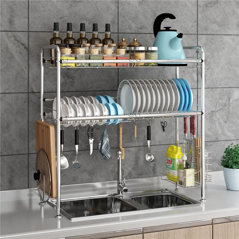 

2022 New Dish Rack Stainless Steel Sink Dish Draining Rack Drain Rack Kitchen Storage Rack 2 Layers Tableware Storage Pool Dish