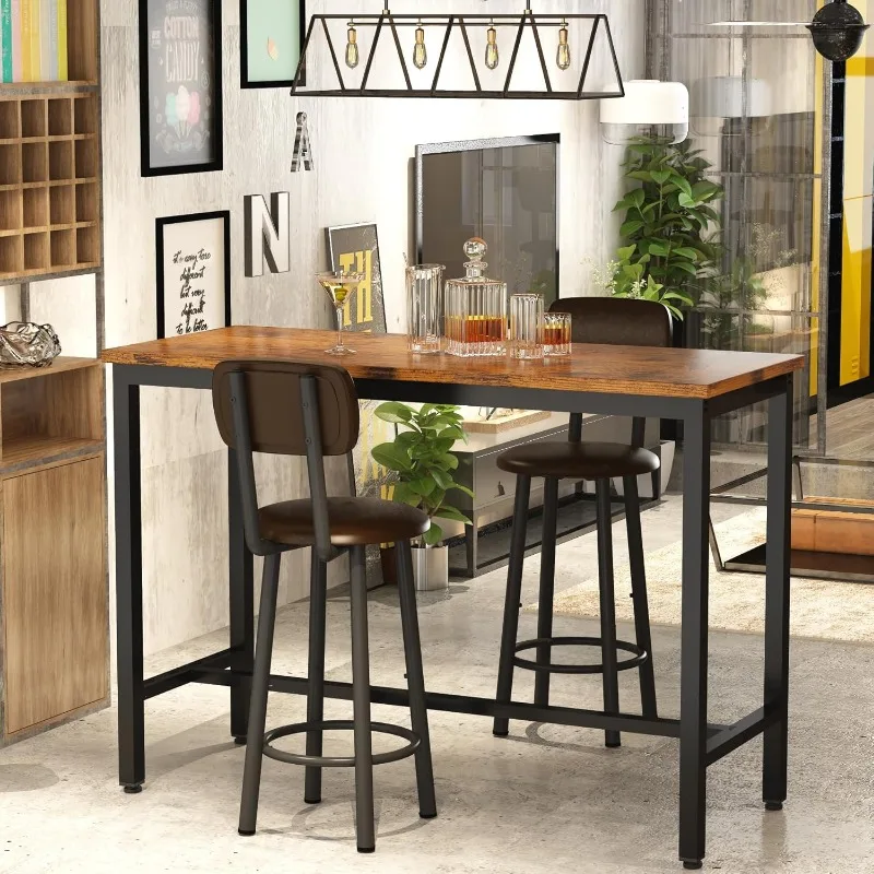 Промышленный высокий стол для паба с 2 мягкими табуретами из ПУ кухонный и стулья
