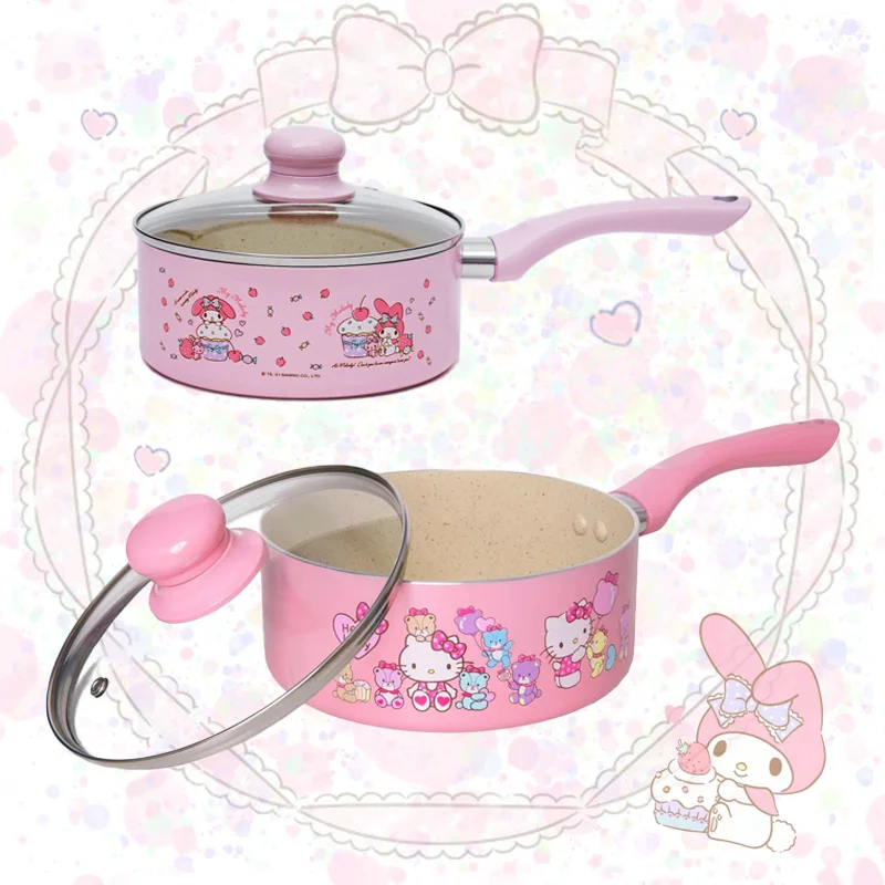 PINK Kawaii Cartoon 18 Inch Milk Pan My Melody Anime Children Printed Non-stick Cooking Pot Stainless Steel Noodle Pot Cute Gift