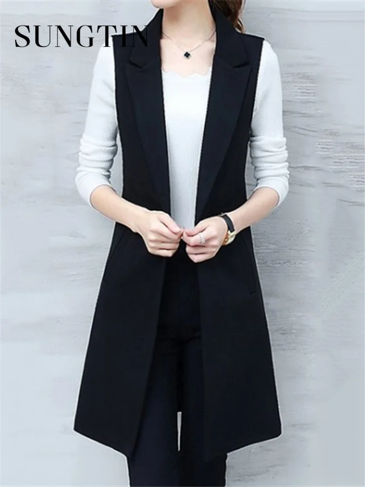 

Корейский Повседневный весенний Блейзер Y2K, жилет, Женский Свободный Длинный блейзер без рукавов, куртка, женский элегантный офисный жилет для женщин