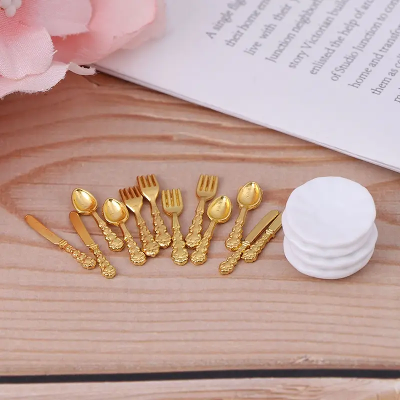 

12Pcs Ceramic Plate Knife Fork Spoon Tableware Kitchen Food Furniture Toys for 1:12 Dollhouse Miniature Accessories