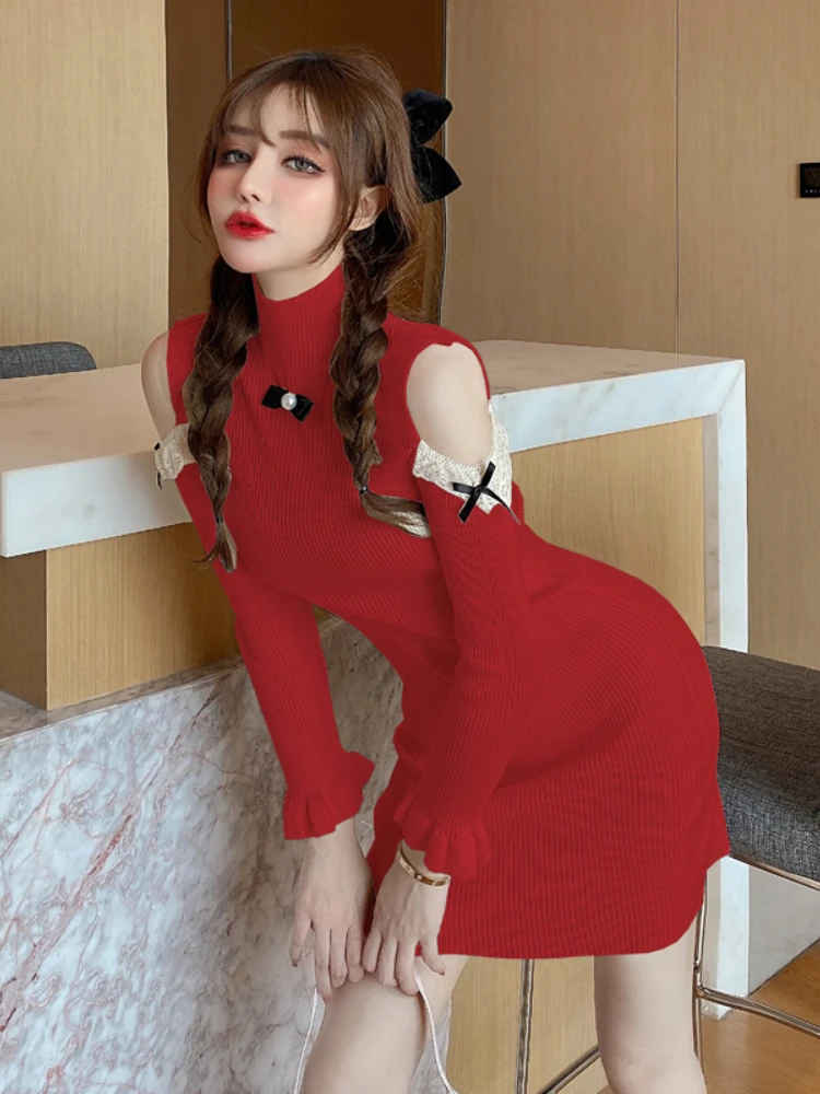 

Новинка 2022, платье для девушек с динамичной талией, без бретелек, с расклешенным рукавом, милое кружевное однотонное приталенное платье с вы...