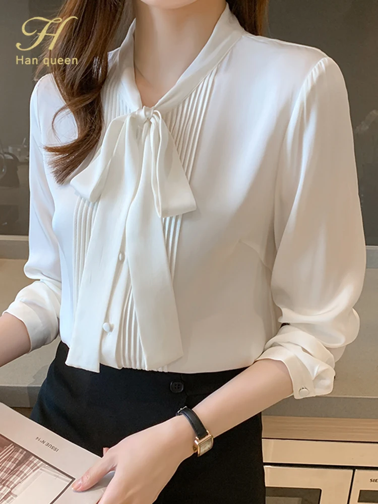 

Осенняя Свободная рубашка с бантом H Han Queen, женские блузки, Повседневная шифоновая блузка для работы, свободные деловые блузки с длинным рук...