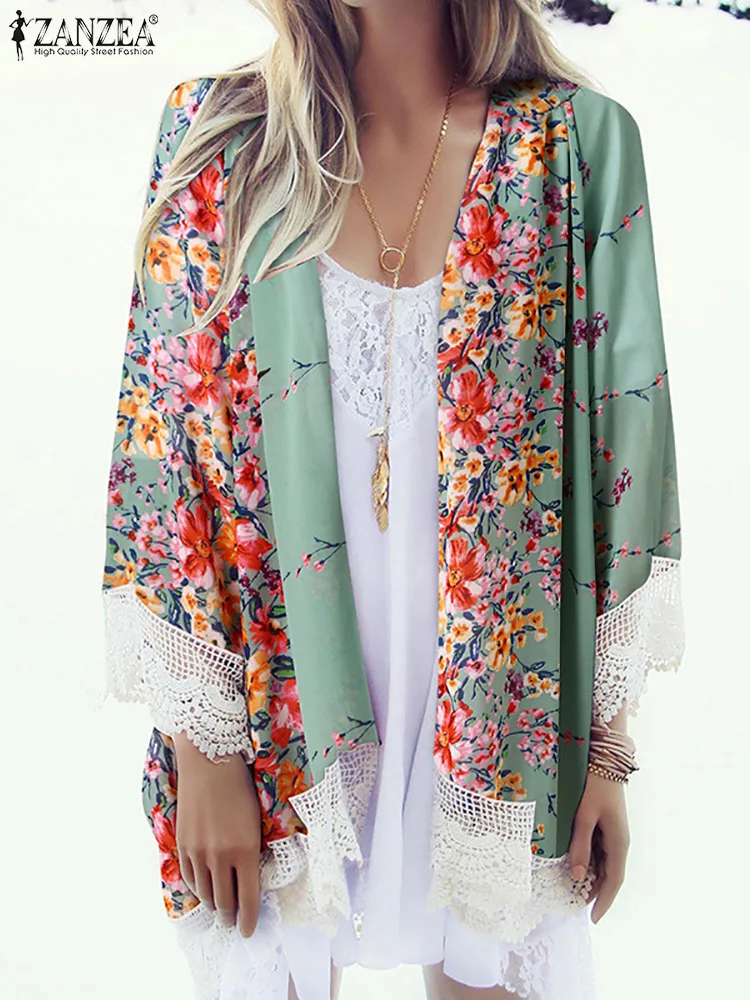 ZANZEA-cárdigans estampados para mujer, Kimono bohemio Floral, blusa informal para vacaciones y playa, blusa holgada de malla de encaje, 2022
