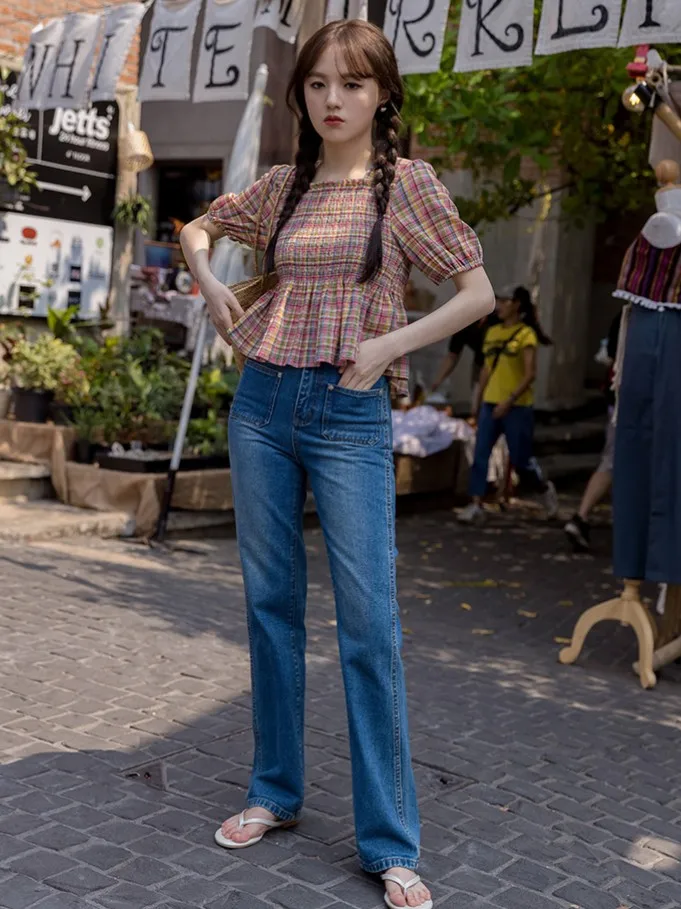 Корейская мода летние эластичные радужные клетчатые топы новая винтажная