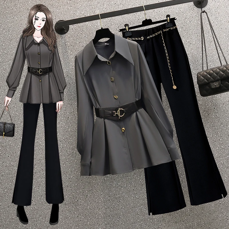 

VANOVICH Spring and Autumn 2023 Korean Style Fashion Temperament Waist Casual Shirt Female Loose Wide Leg Pants Two-piece Set