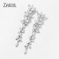 zakol white color water drop cubic zirconia wedding party long design tassel earrings luxury jewelry for women fsep5010