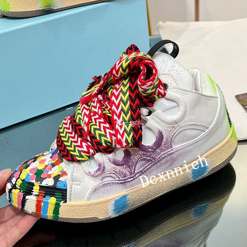 z prawdziwej skóry Graffiti grube podeszwy obuwie mieszane kolory wszechstronne trampki wiosenne oddychające sznurowane płaskie buty unisex