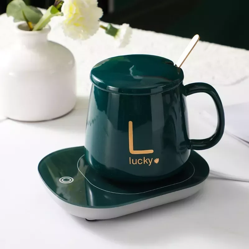 

DIY Smart Ceramic Thermostatic Coffee Milk mug With Lid Spoon Saucer 55 Degree Water Cup Gift Box Set Heating Insulation Plate
