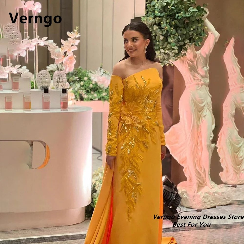 

Verngo, желтое длинное вечернее платье с 3D цветами, длинными рукавами, вырезом лодочкой, блестками и Боковым Разрезом, Саудовский, арабский трапециевидный наряд для выпускного вечера