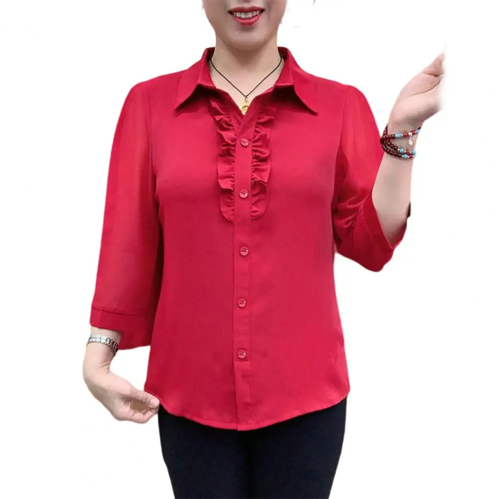 

Mother Shirt Charming Simple Women Shirt 3/4 Sleeve Ruffle Sheer Casual Mother Shirt Top Streetwear