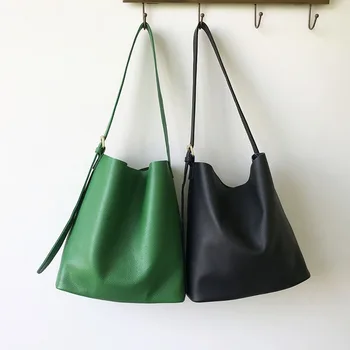 Korean Fashion Green Bucket Bag Genuine Leather Shoulder Bag Crossbody Large Capacity Real Leather Handbag Fashion Shoulder Bags