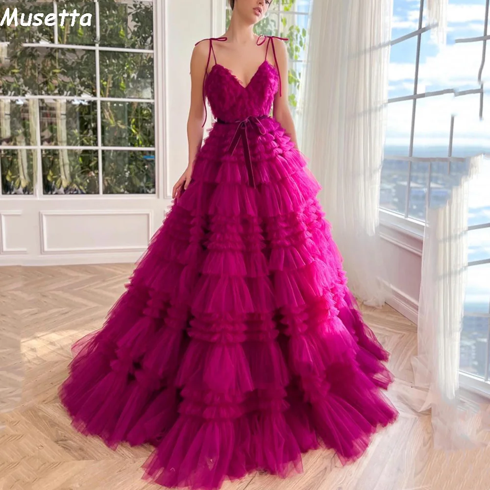 

Женское многослойное вечернее платье Musetta, розовое ТРАПЕЦИЕВИДНОЕ ПЛАТЬЕ С V-образным вырезом, на тонких бретельках, со складками в несколько рядов, бальное платье