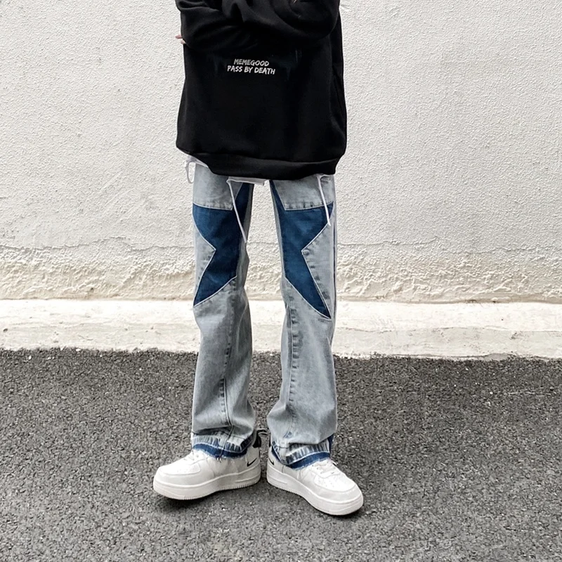 Jeans High Street Washed Old Jeans Men American Fashion Brand Five Points Star Stitching Loose Straight Couple Hip Hop Pants