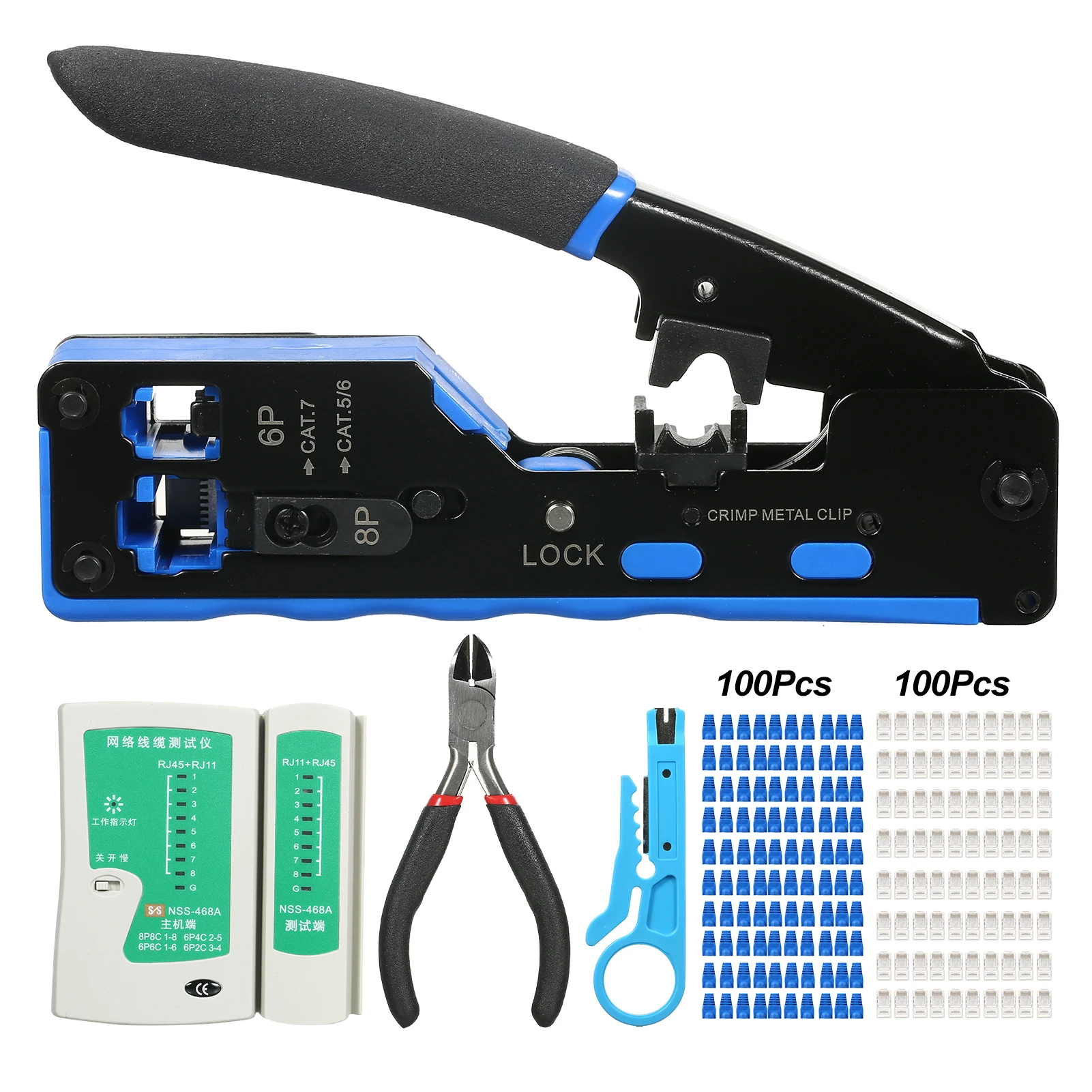 

RJ45 Crimp Tool Kit All in One Pass Through Crimping Tool for Cat5e Cat6 Cat6a Pass Through Connector with 100Pcs Connectors