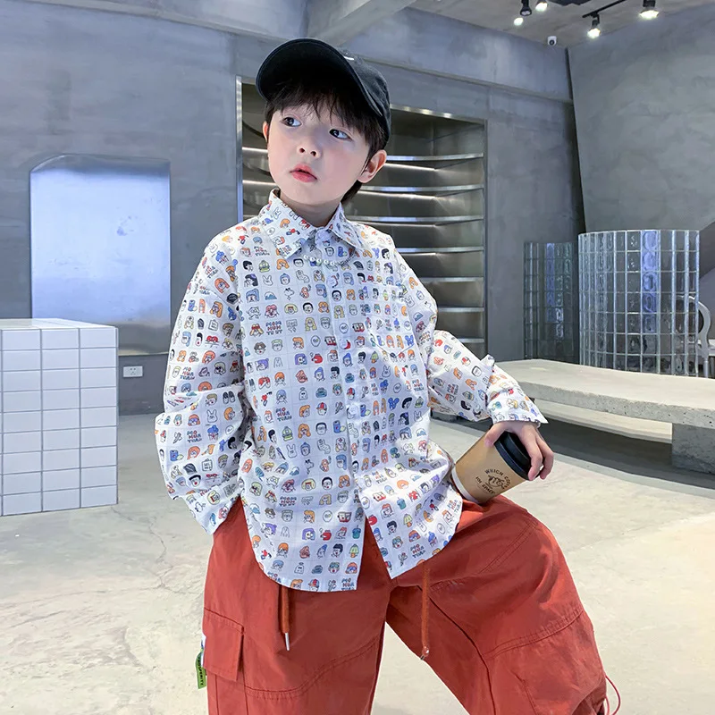 

New Spring Autumn Boys Shirts Kids Cartoon Print Tops Cotton Long Sleeve Blouse Teenager Turn-down Collar Korean Clothes 4 6 8 Y