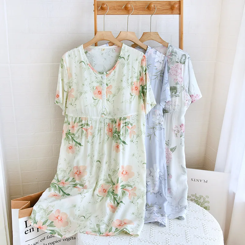 

Comfort Womens Short Sleeve Nightdress With Chest Pad Summer New Nightgowns For Sleeping Sleepwear Dressing Gown Casual Dress