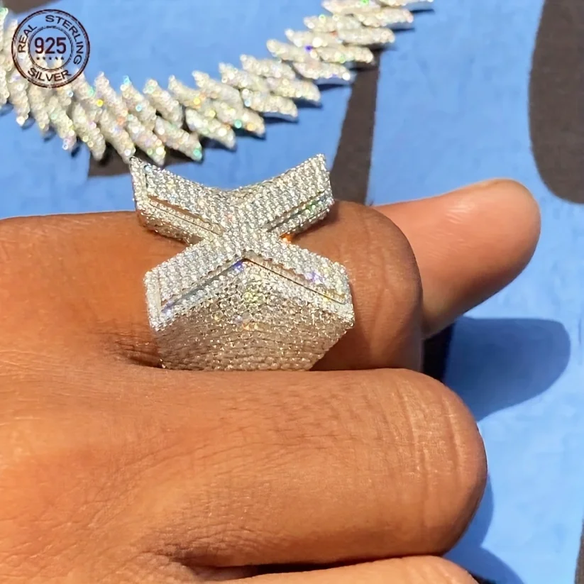 Фото Полностью Iced Out Initial X Diamond Letter Кольца для мужчин Роскошное кольцо из стерлингового серебра 925 пробы в стиле хип-хоп 5А Ювелирные изделия с цирконом и платиновым покрытием №5
