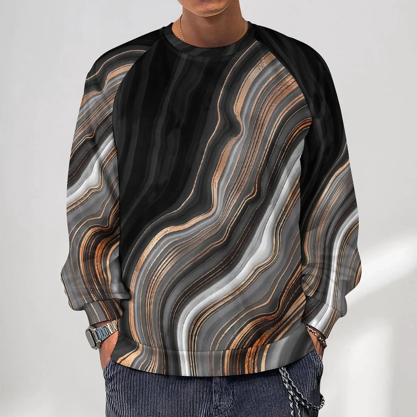 

Elegant Marble Casual Sweatshirts Black and Gray Retro O Neck Hoodies Autumn Long Sleeve Loose Oversize Hoodie Gift