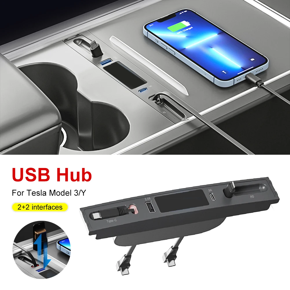 For Tesla Model 3 Y Docking Station 27W PD Type C Hub Quick Charger USB LED Shunt Hub Extension Center Console Smart Sensor 2023