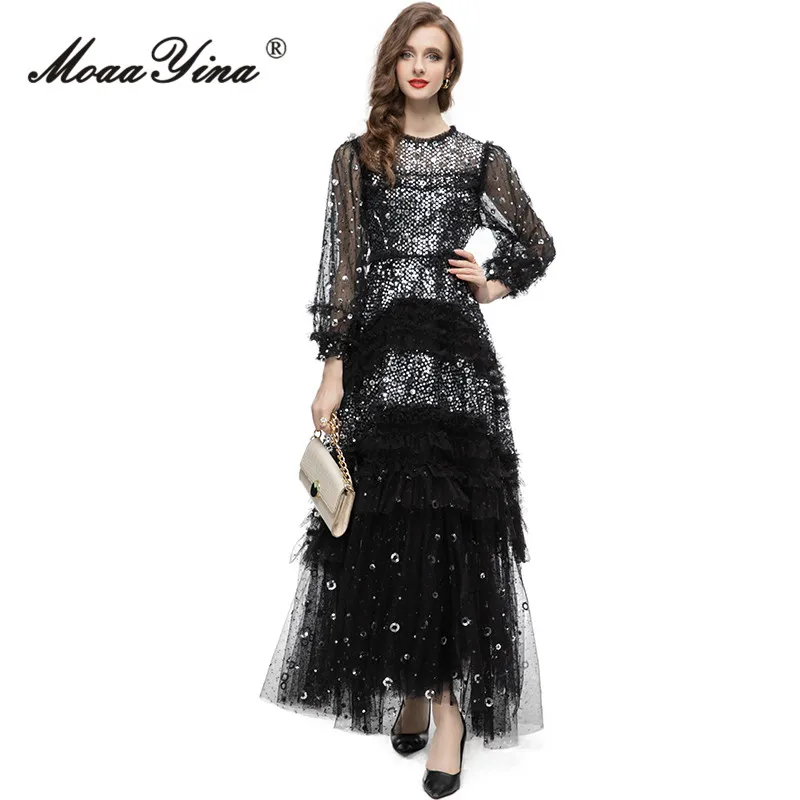 MoaaYina летнее модное Дизайнерское черное винтажное вечерние платье женское с