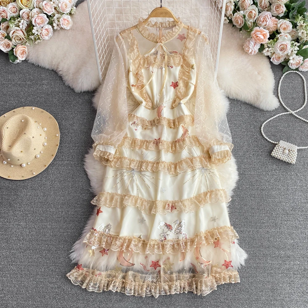 

Spring Autumn Cascading Ruffles Mesh Dress Women Lantern Sleeve Flower Embroidery Stitching Lace Trims Sweet Bow Party Midi Dres