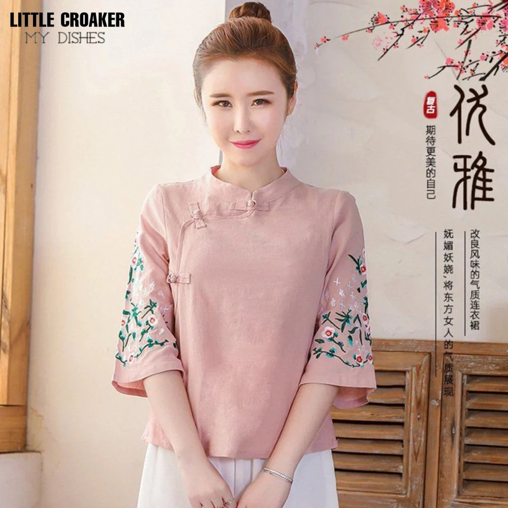 

New Chinese Style Women's Shirts Stand Collar Embroidered Sleeve Loose Women Blouse Chinese Top Traditional Shirt Woman