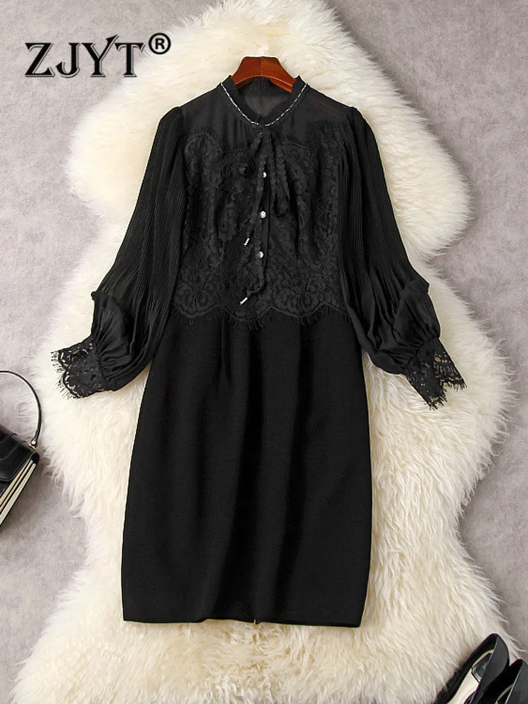 

ZJYT Lady Elegant Lantern Sleeve Beading Patchwork Black Lace Dress For Women Party Knee Length Office Pencil Robe Femme Spring