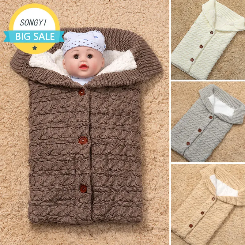 Baby Sleeping Bags Infant Winter Thickened Knitted Button Knit Swaddle Stroller Wrap Swaddling Toddler Blanket Sleeping Bags