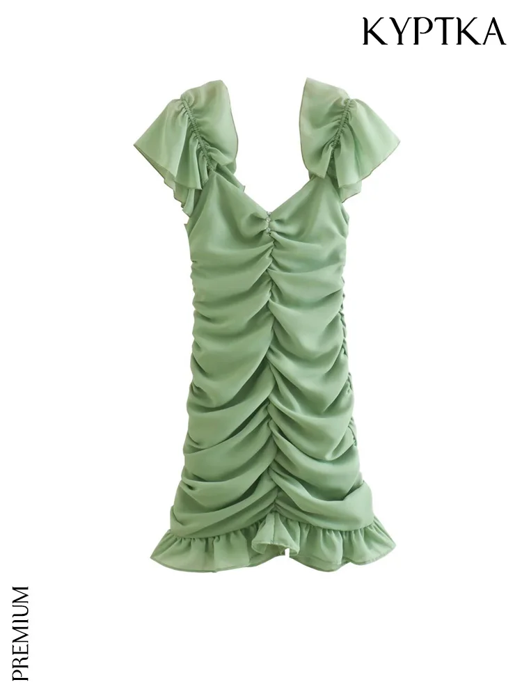 

Женское мини-платье с оборками KYPTKA, белое винтажное платье с коротким рукавом, молнией сзади и драпировкой на лето 2019