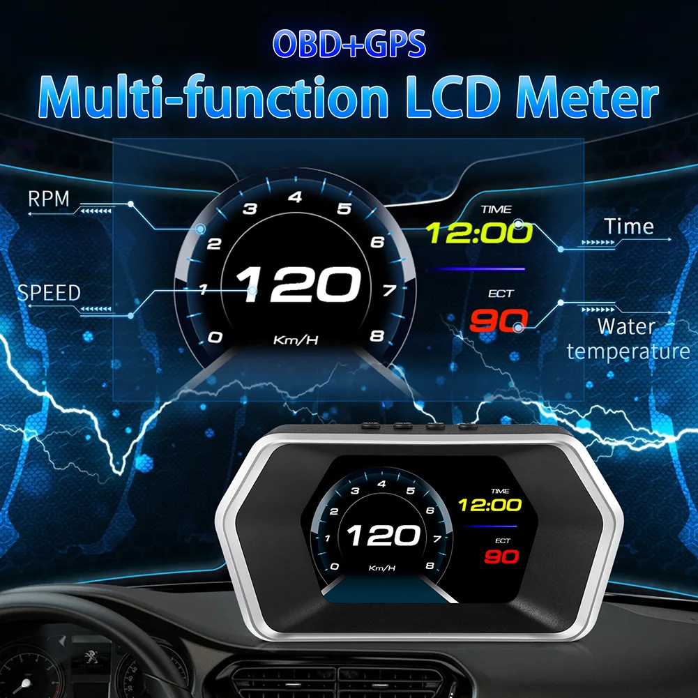 

Автомобильный проекционный дисплей Hud, автомобильный проектор, сигнализация OBD2 + GPS, двойная система отображения времени, пробега, превышени...