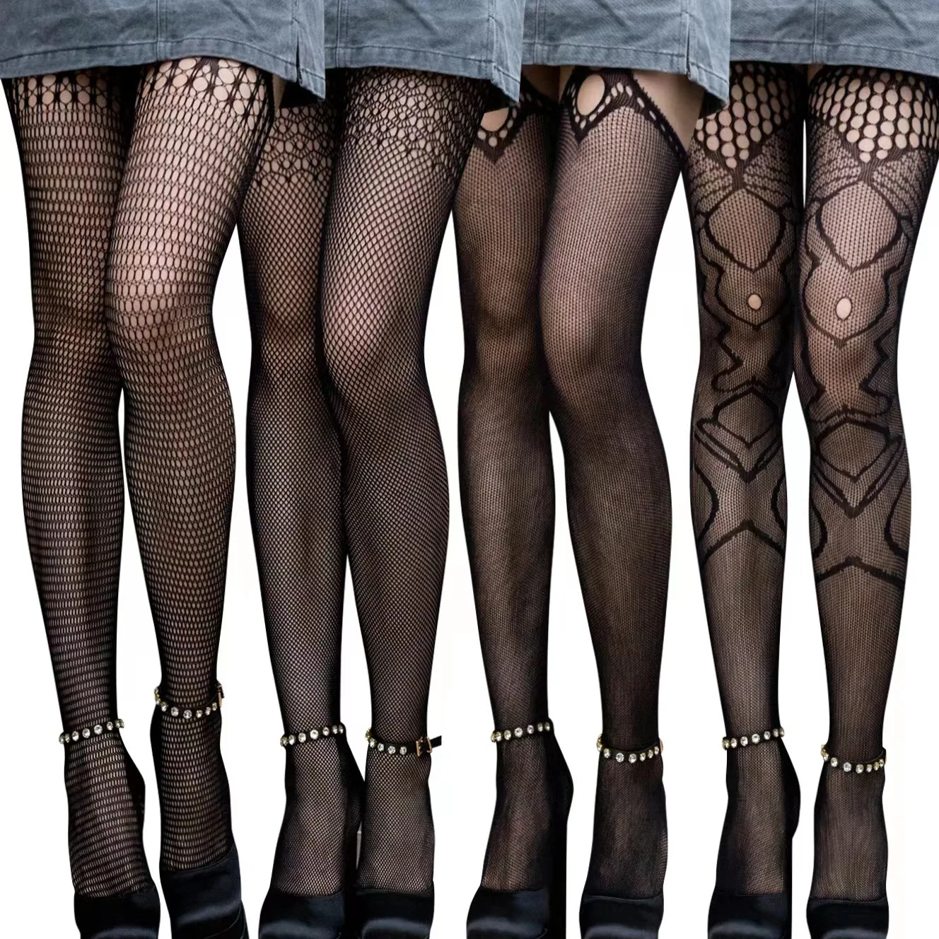 

Сетчатые носки на бретельках JK, черные шелковые чулки, женский сексуальный комбинезон, нижнее белье, маленькая сетка, полые, жаккардовые