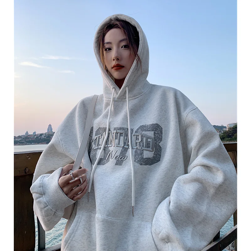 Women's Clothing Light Grey Hoodie Letter Embroidery Drawstring Sweatshirt  Korean Fashion Leisure Winter New Tops Pullover