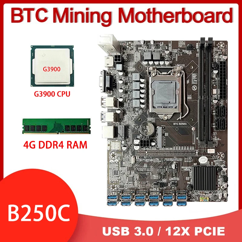 

Материнская плата B250C 12USB3.0 (PCIE 1X) для майнинга BTC + процессор G3900 + 4G DDR4 ОЗУ LGA1151 DDR4 слот MSATA + VGA ETH материнская плата для майнинга