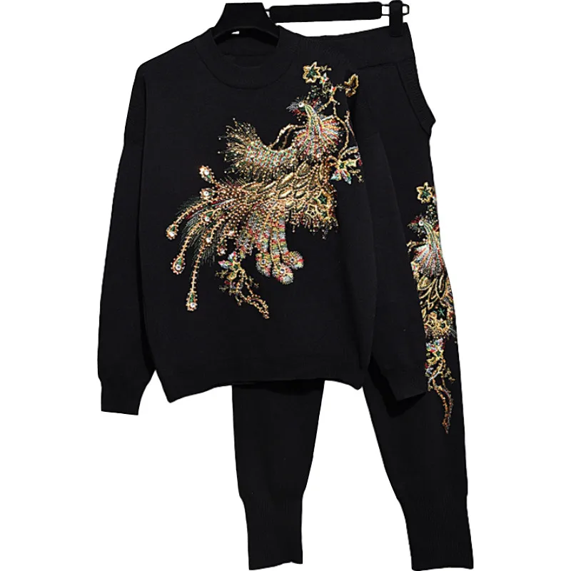 

2023 Autumn New Women Fashion Beading Phoenix Print Sweater + Casual Harlan Pants Two Piece Set Knitted Outfits Female Tide G517