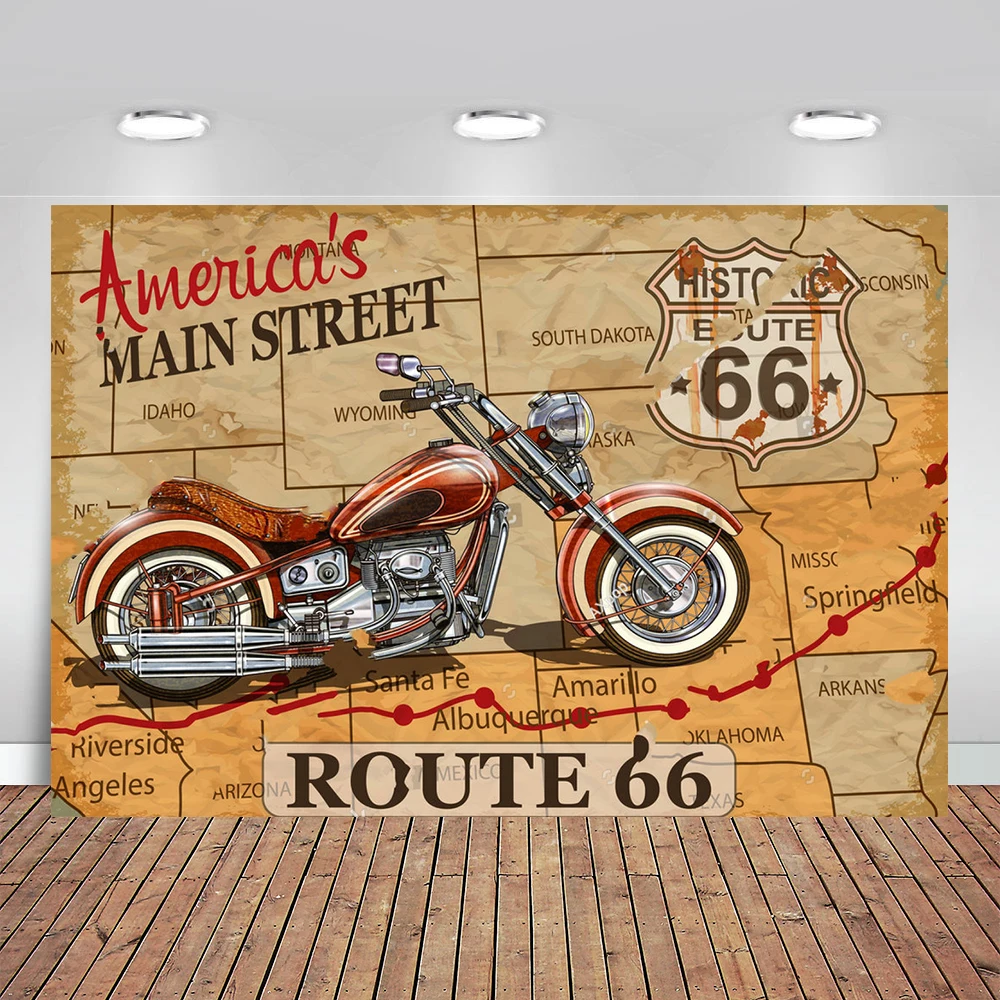 

Vintage Route 66 Motorcycle Poster Backdrops Vinyl Cloth High Quality Computer Print Wall Photography Studio Background