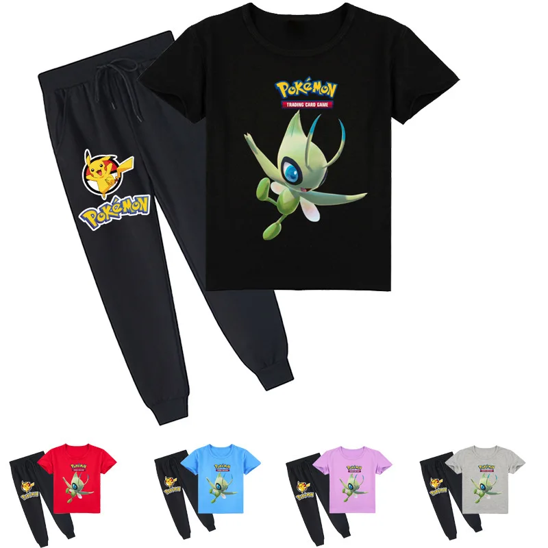 

Anime Pokemon Summer Kids Clothes Kawaii Clothing Casual Print O-Neck Short-sleeved T-shirt + Trousers Suit Set Kids Clothing
