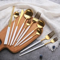 multi style matte 304 stainless steel tableware complete white gold dinnerware chopsticks knife fork spoon kitchen accessories