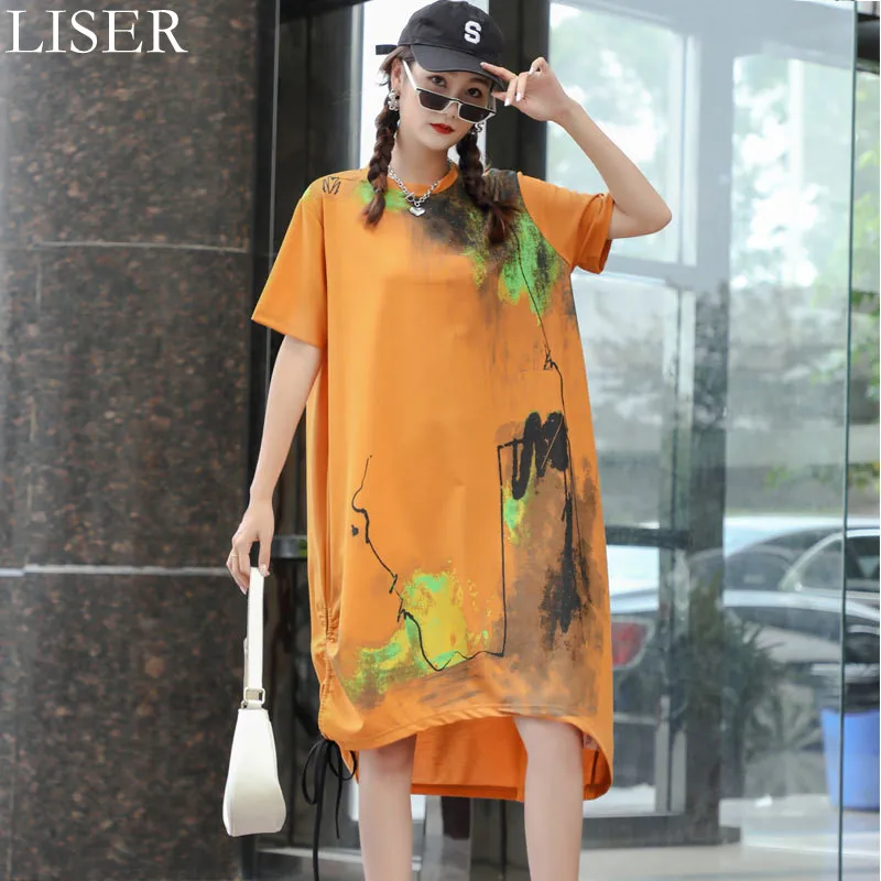 

2022 New Women'S Dress Summer Fashion Print Loose Large Size Irregular Dress Round Neck Short Sleeve Long Dress Yellow LL1147