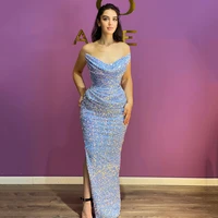 yipeisha stylish sky blue sequin prom dress strapless side slit mermaid evening gown floor length glitter pageant party dress