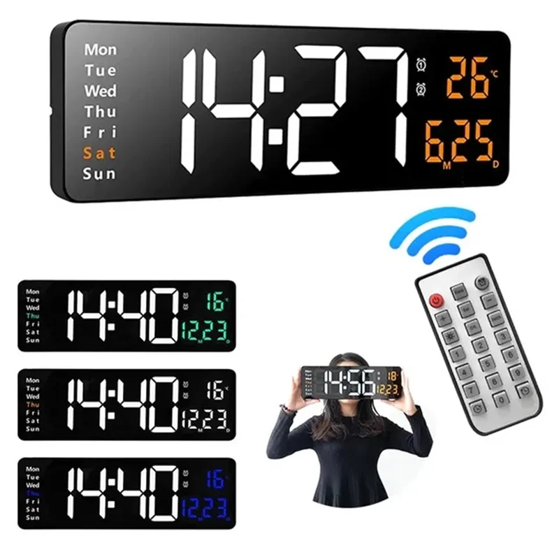 New 13/16 Inch LED Large Digital Wall Clock Remote Control Temperature Date Display Power Off Brightness Adjustable Alarms Clock