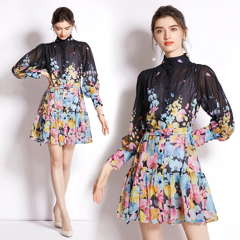 

Мини-платье для отпуска с принтом, коротким рукавом-фонариком и воротником, весна-лето 2022