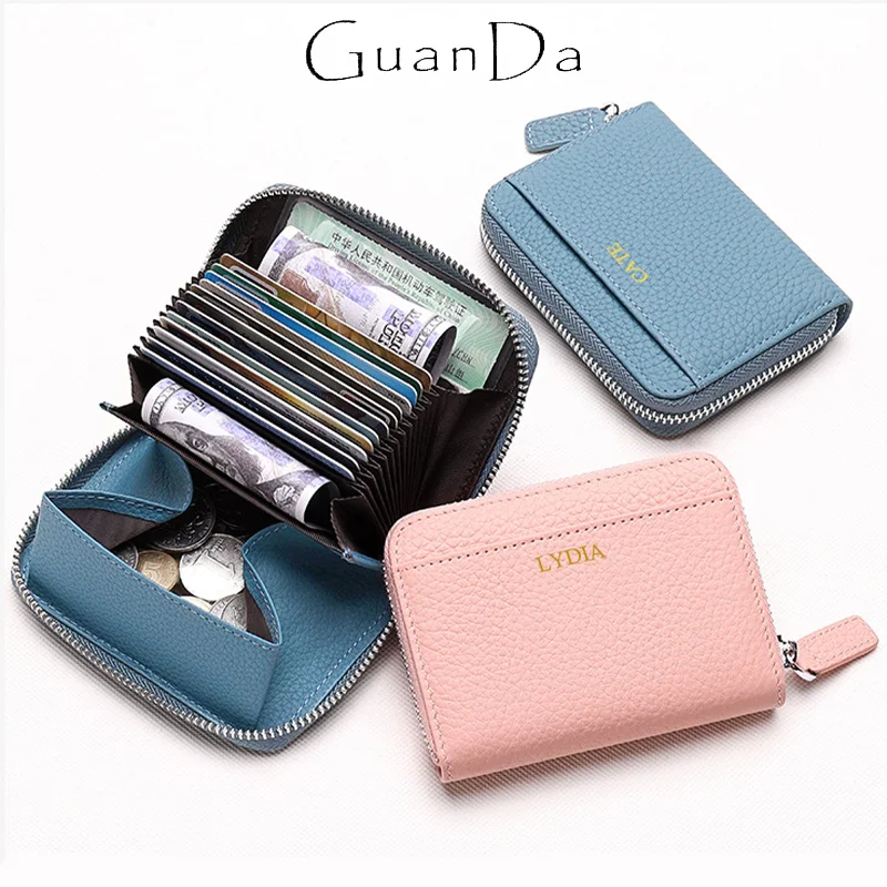 

Custom Letter Woman Man Cowhide Card Holder Luxury Monogram Name Zip Coin Purse Fashion Genuine Leather Business Mini Wallet